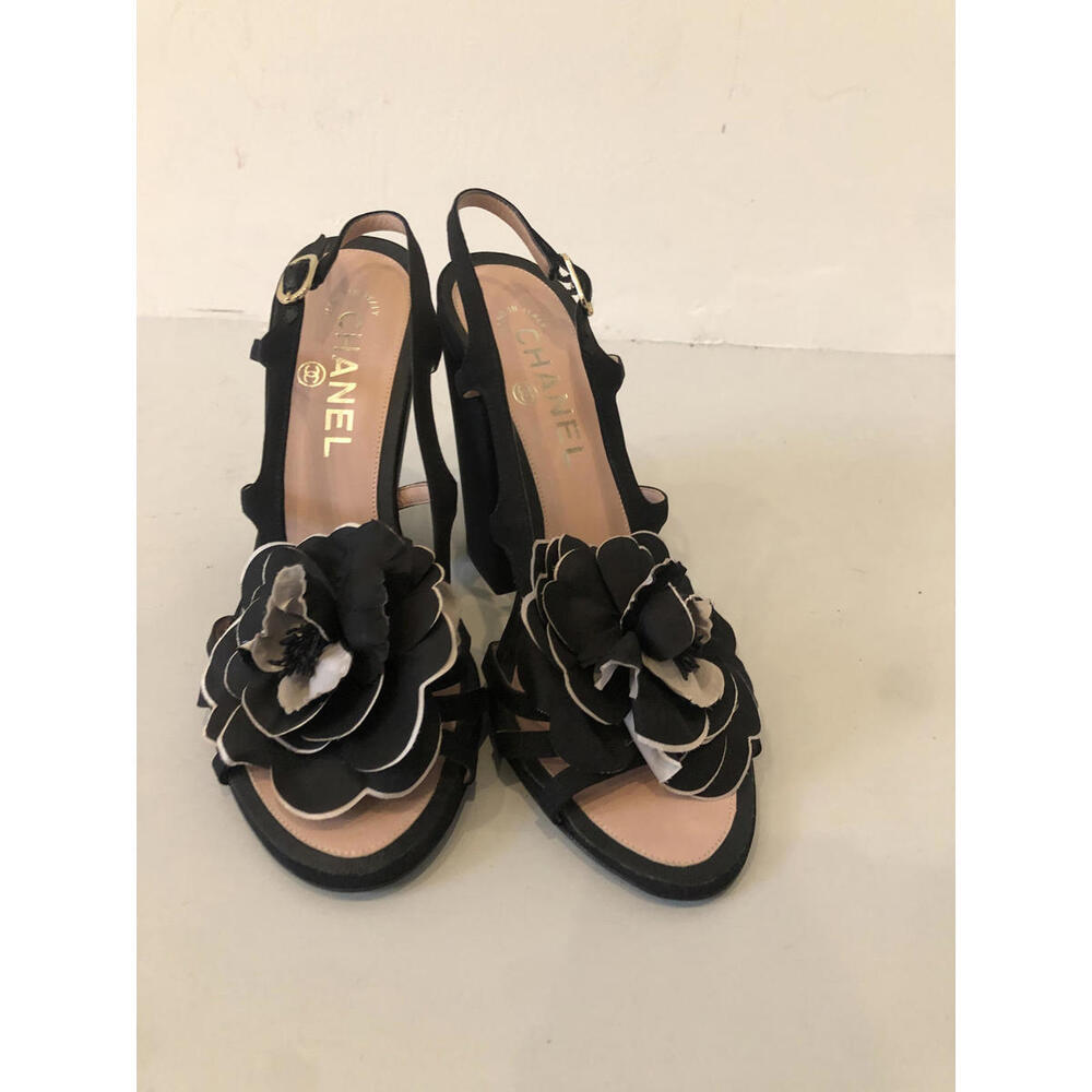 Chanel Black Satin Camelia Flower Sandal